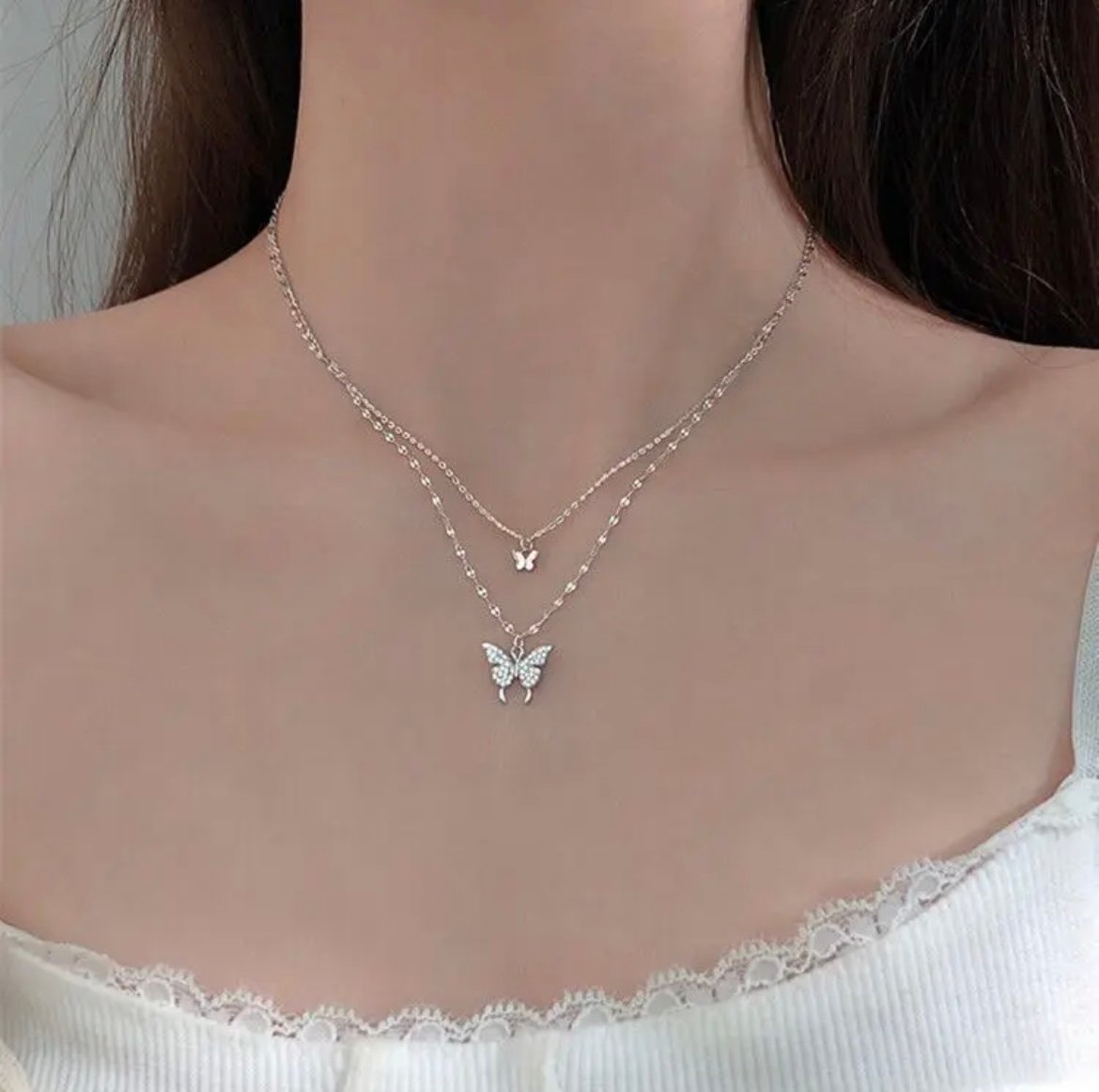 Silver Butterfly Double Layer Chain Pendant