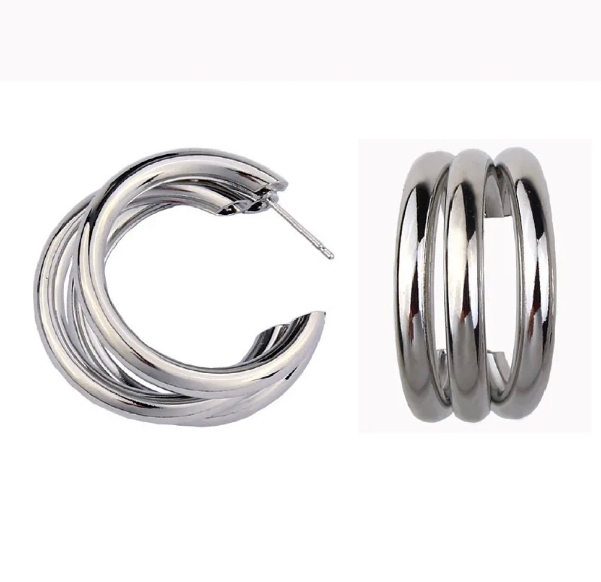 Silver Three Line Geometric Hoop Earring