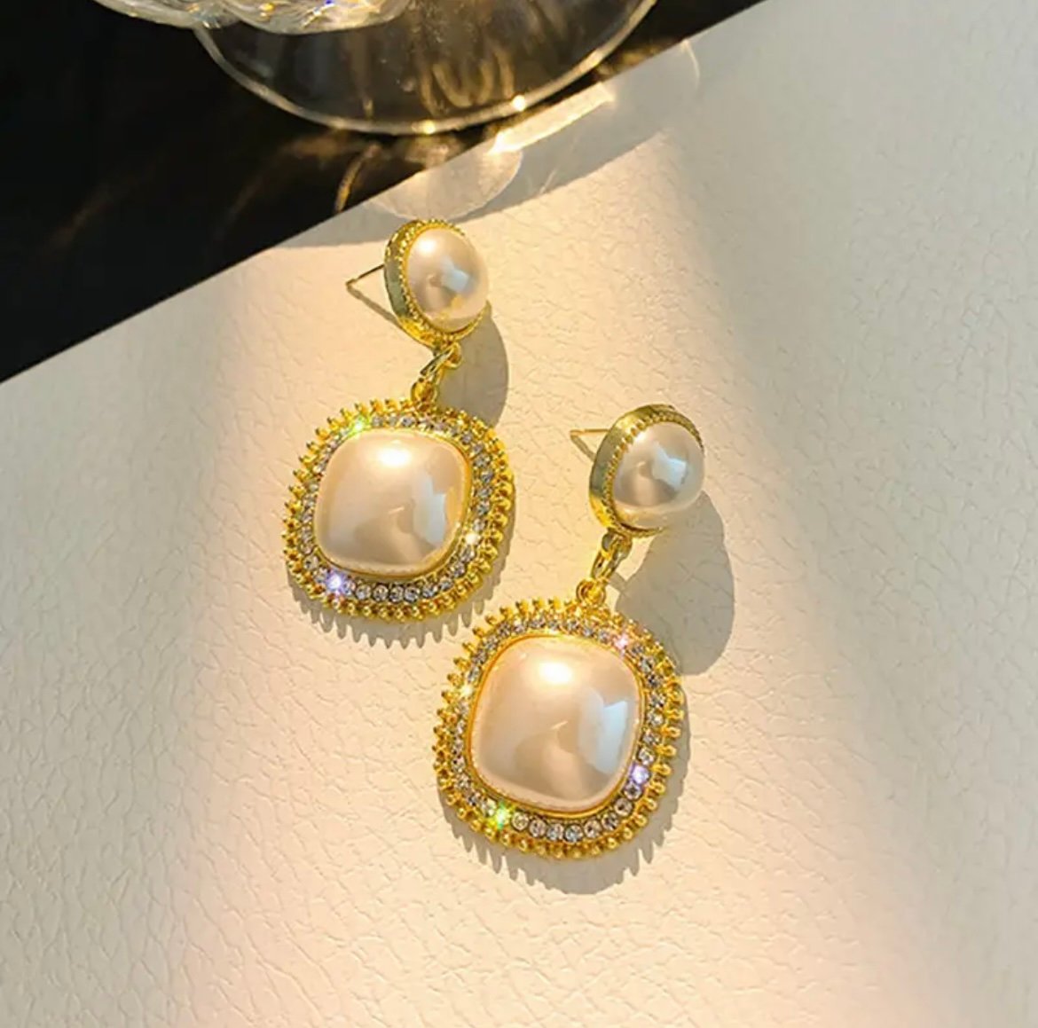 Luxury Shine Crystal Golden Diamond Square Pearl Earring