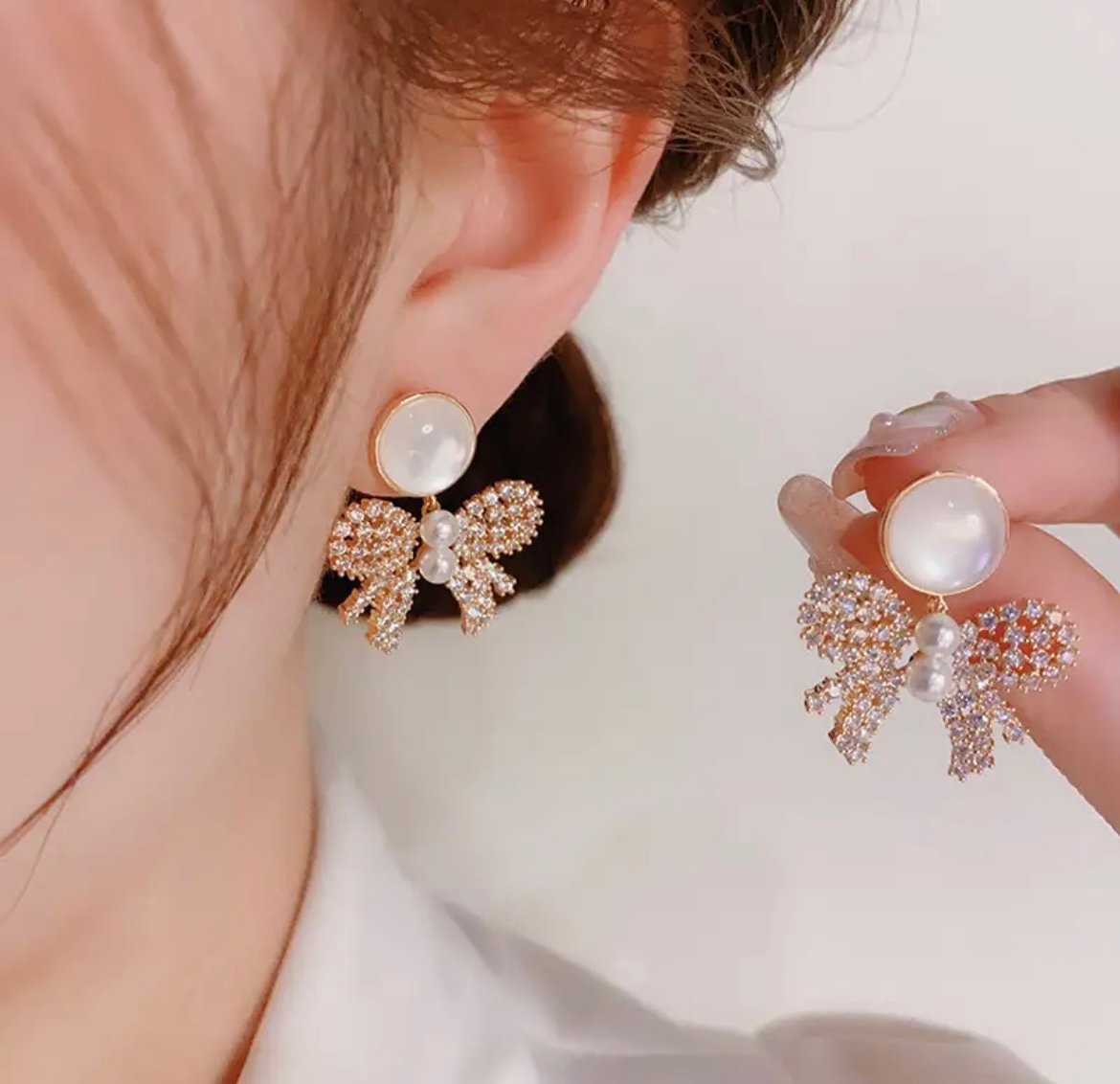 Pearl Diamond Bow Korean Earring