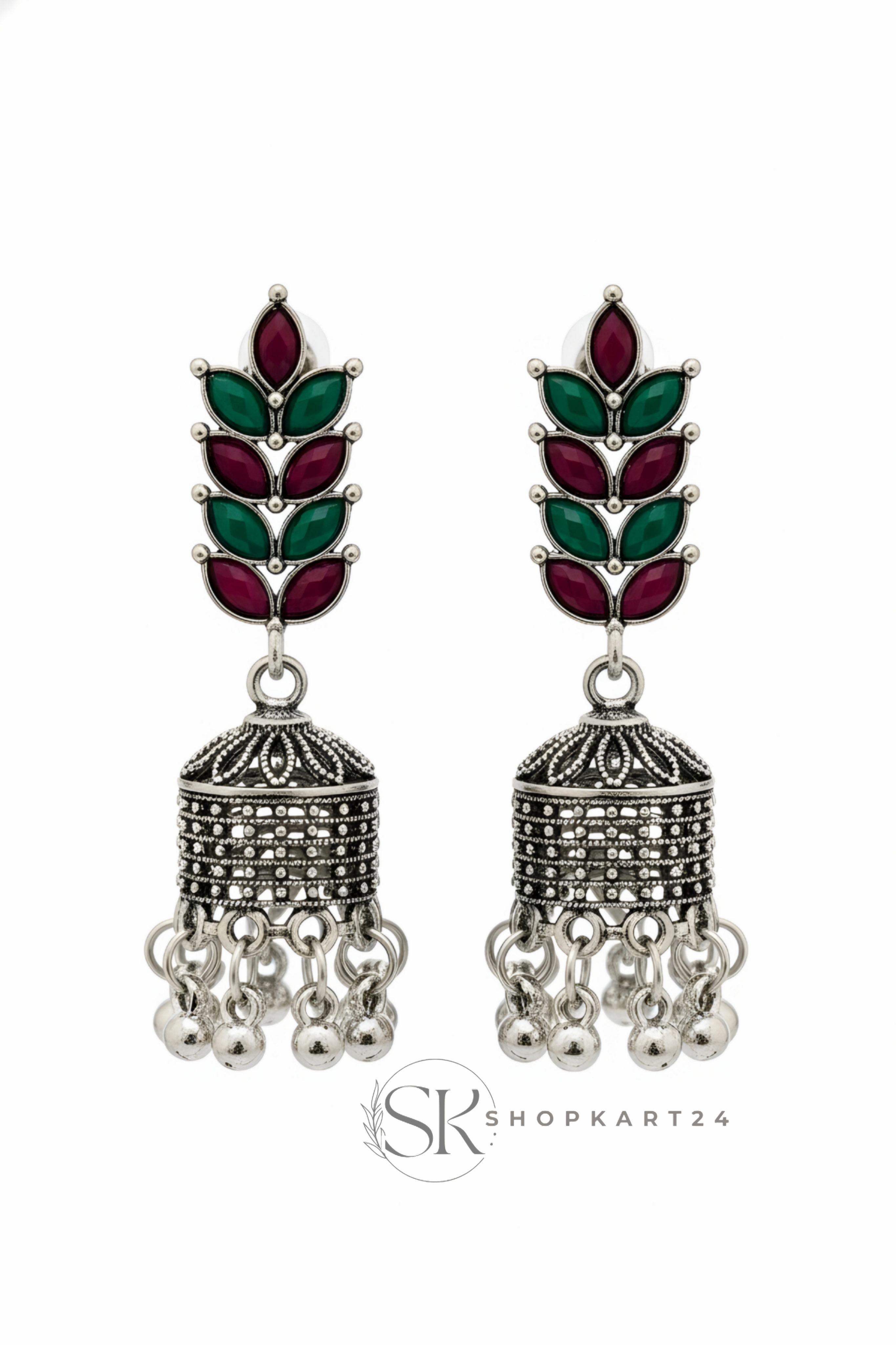 Oxidised Silver Leaf Motif Jhumka Earrings