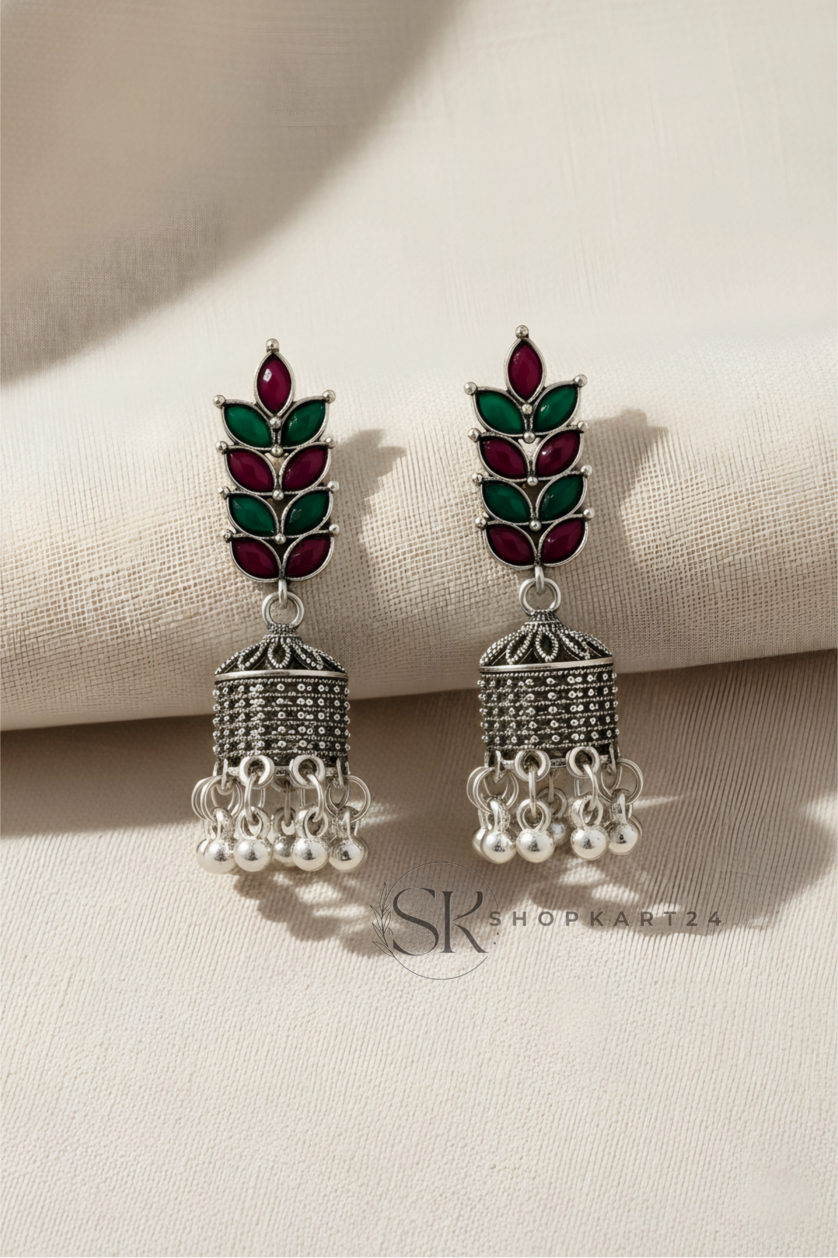 Oxidised Silver Leaf Motif Jhumka Earrings