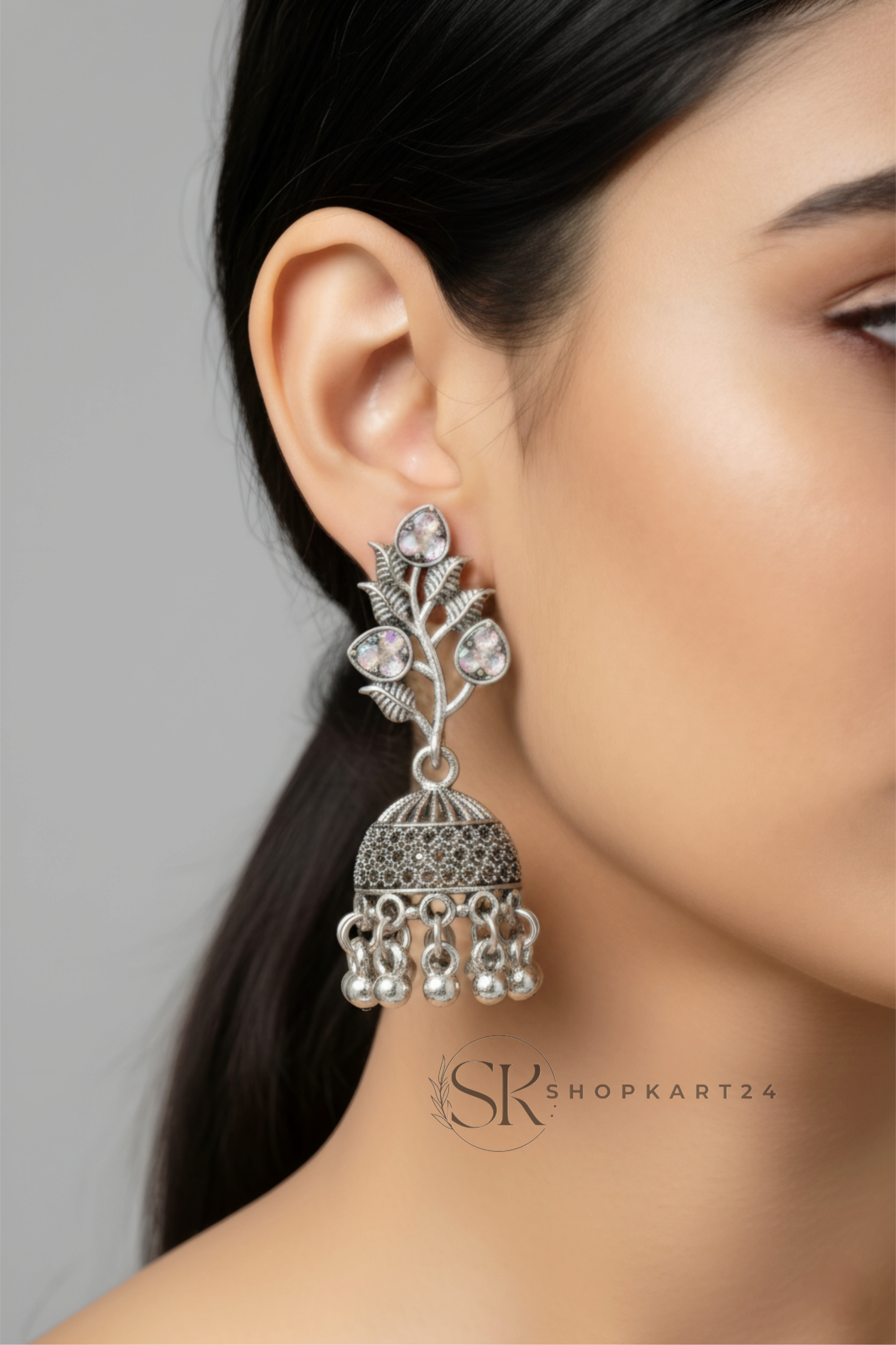 Oxidised Silver Floral Jhumka Earrings