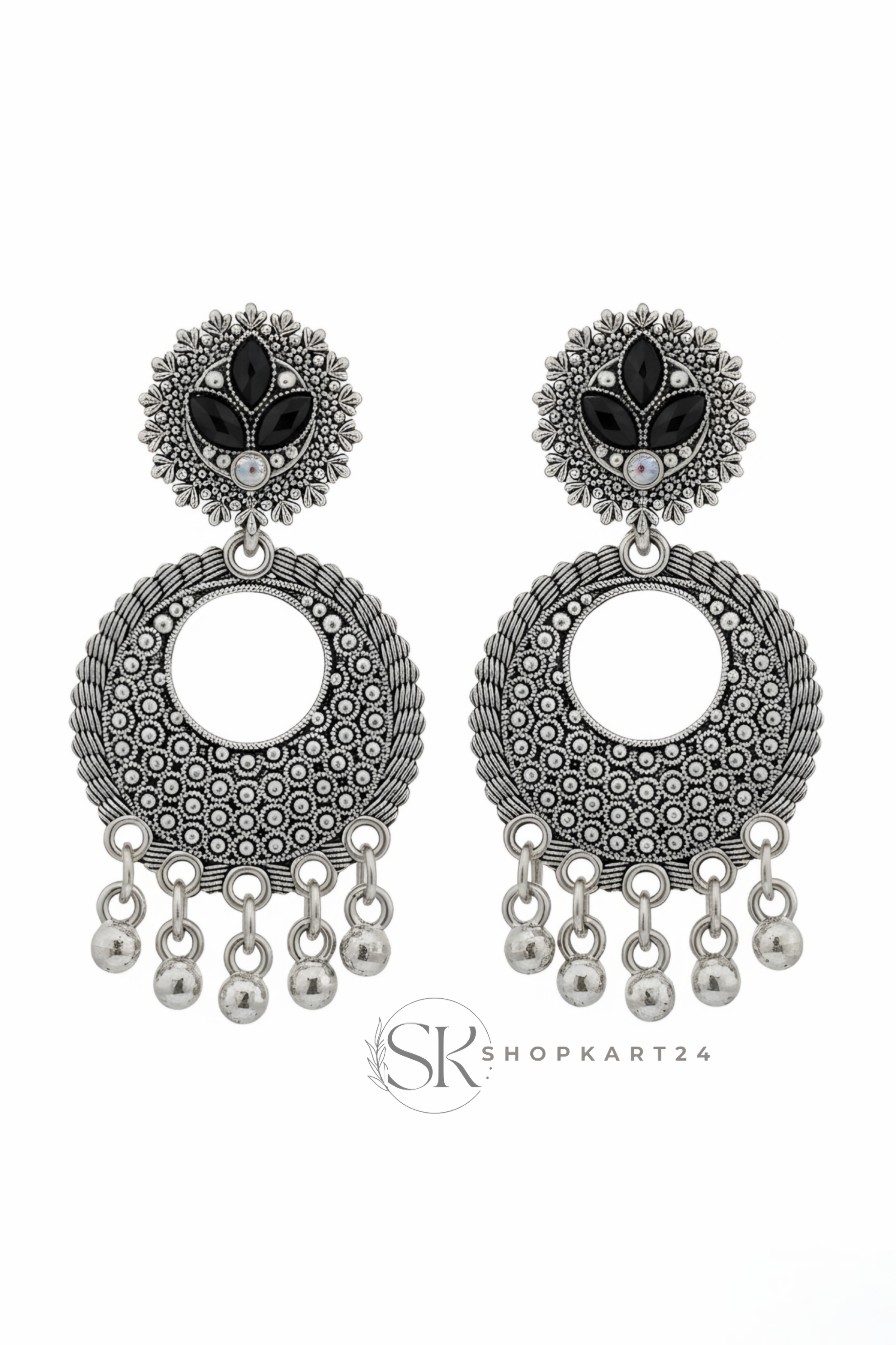 Oxidised Silver Black Stone Circular Drop Earrings