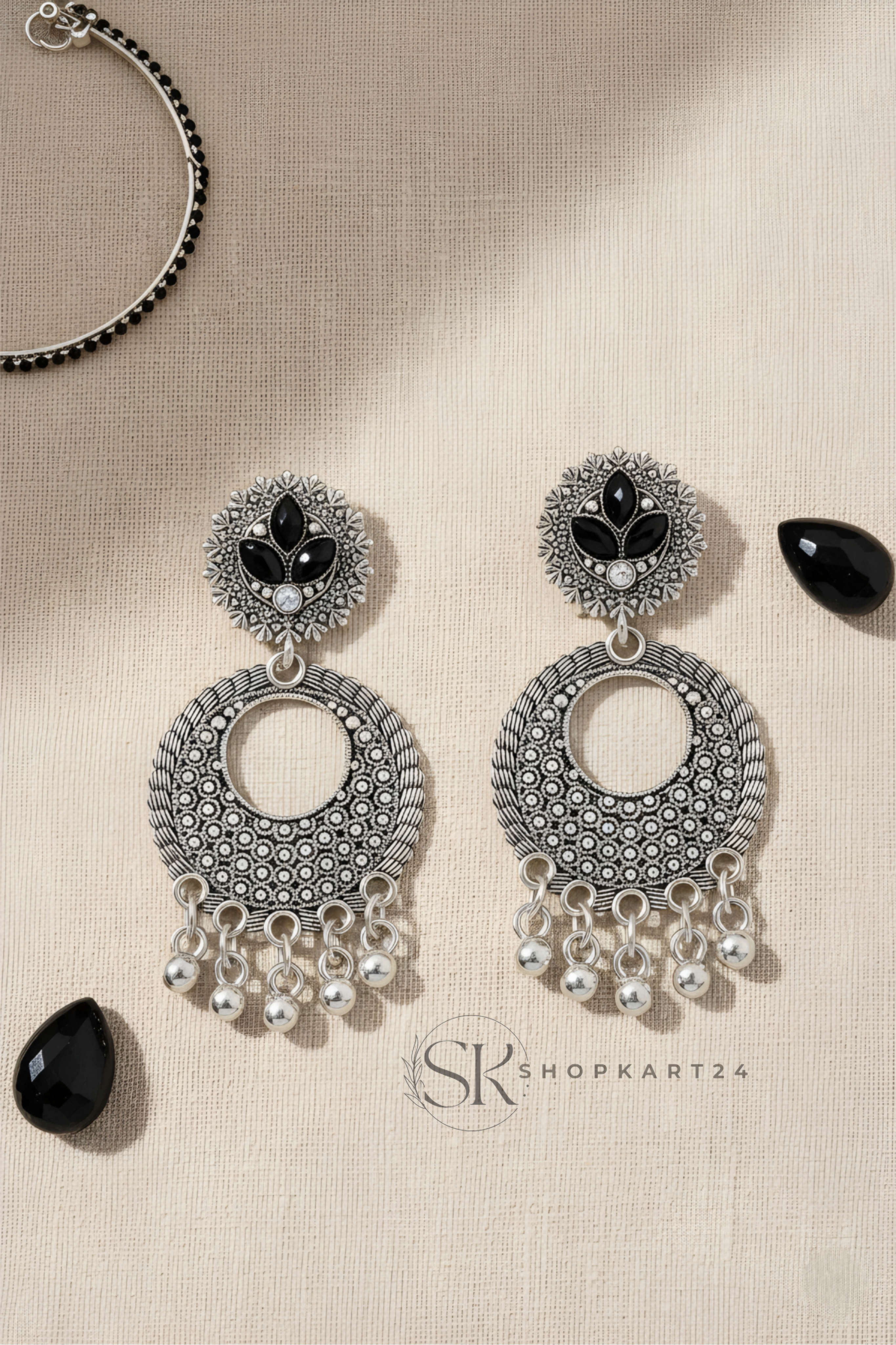 Oxidised Silver Black Stone Circular Drop Earrings