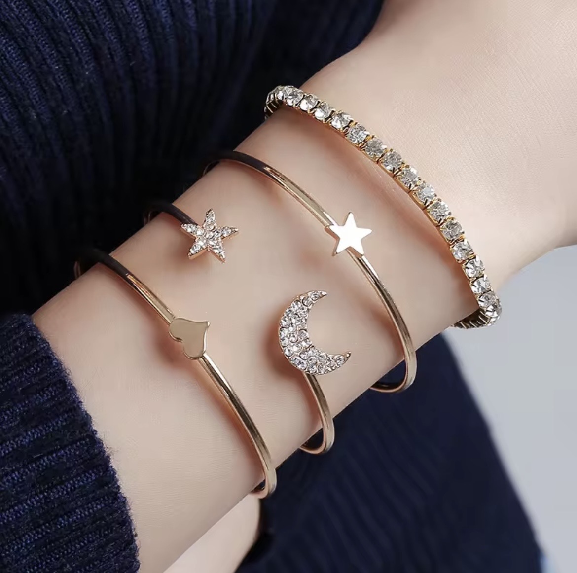 Celestial Star & Moon Alloy Bangle Set for Women (Set of 4)