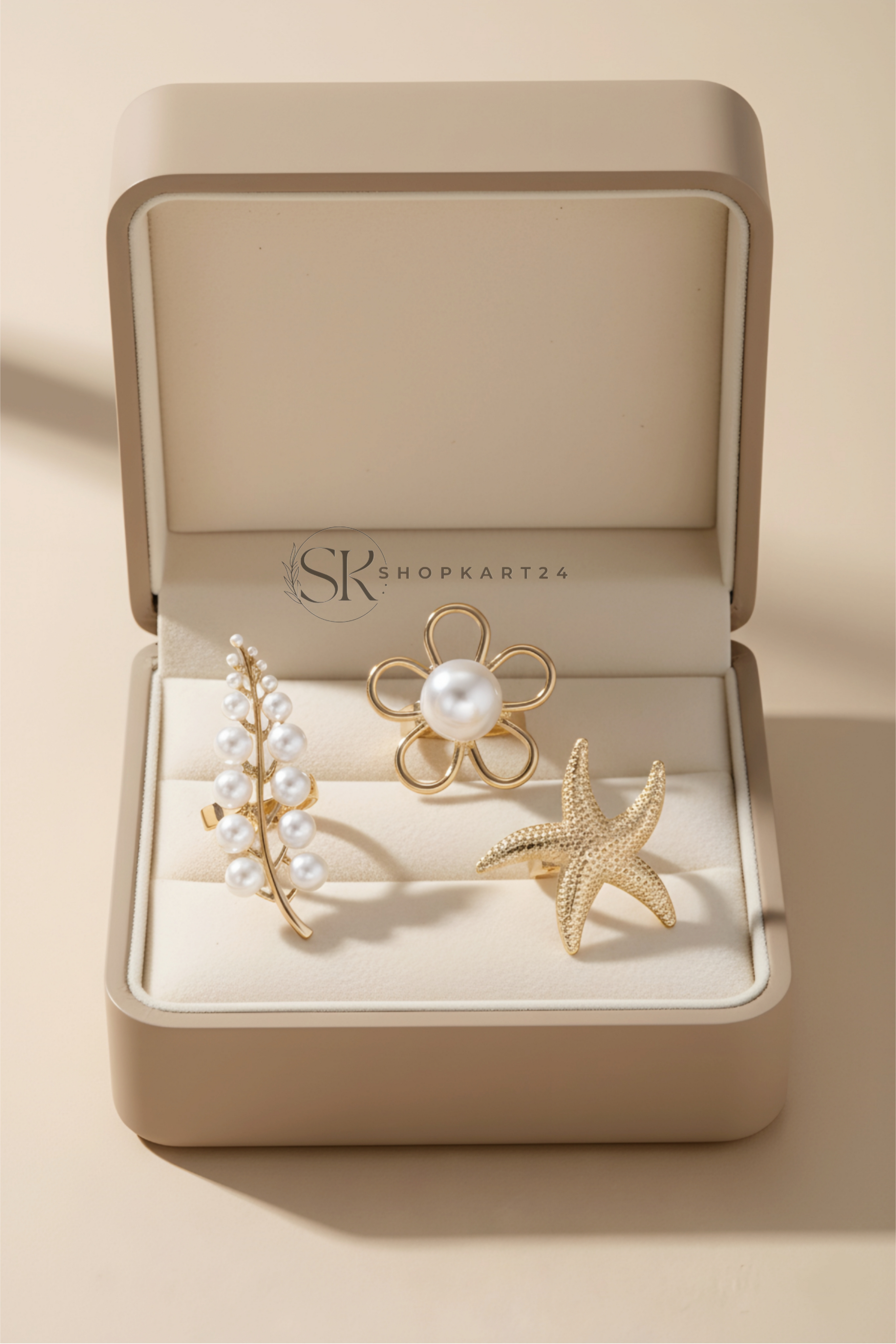 Pearl Flower & Starfish Adjustable Alloy Ring Set for Women