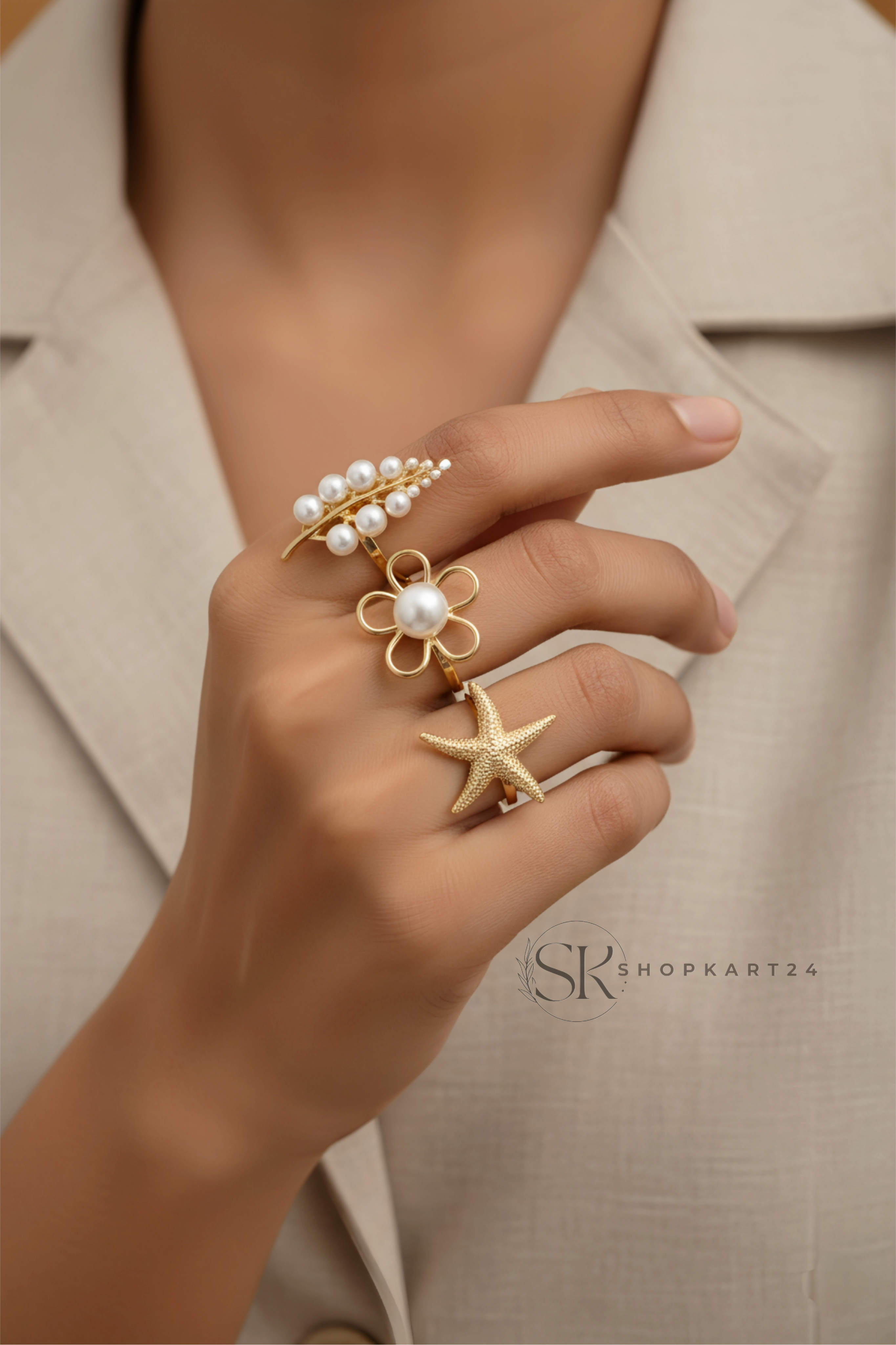 Pearl Flower & Starfish Adjustable Alloy Ring Set for Women