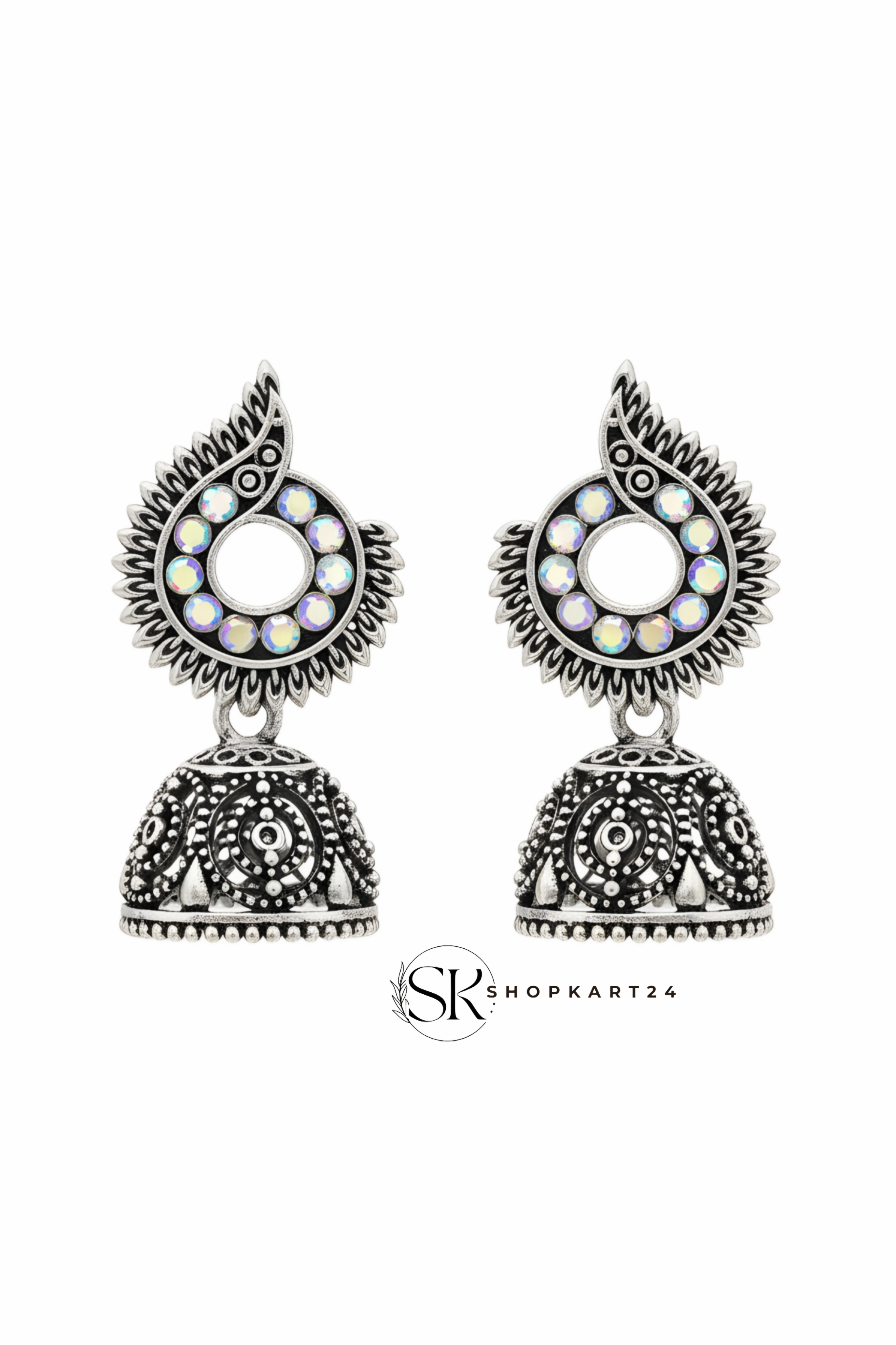 Oval Round Traditional Oxidised Silver Jhumki Earrings for Women
