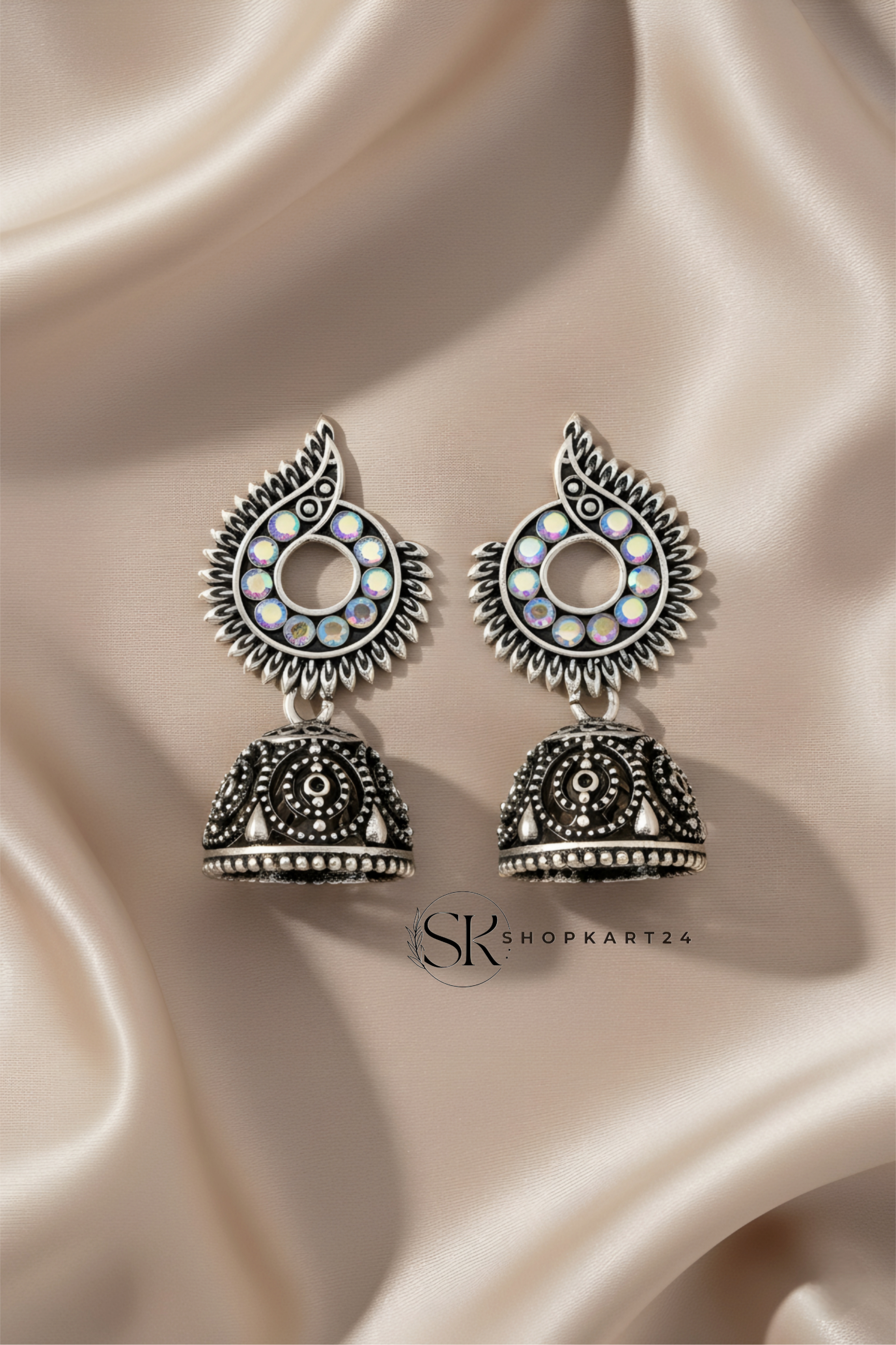 Oval Round Traditional Oxidised Silver Jhumki Earrings for Women
