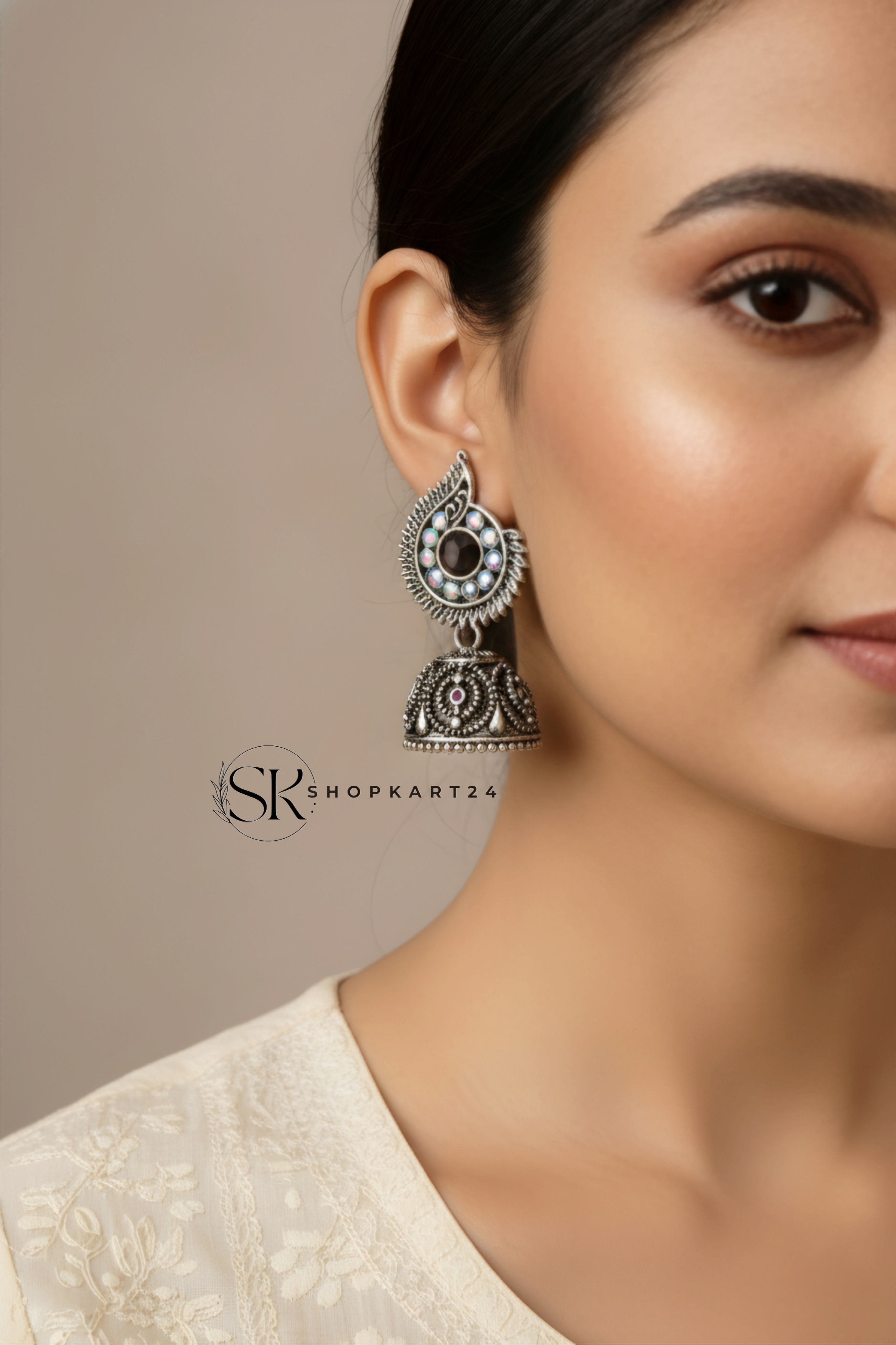 Oval Round Traditional Oxidised Silver Jhumki Earrings for Women