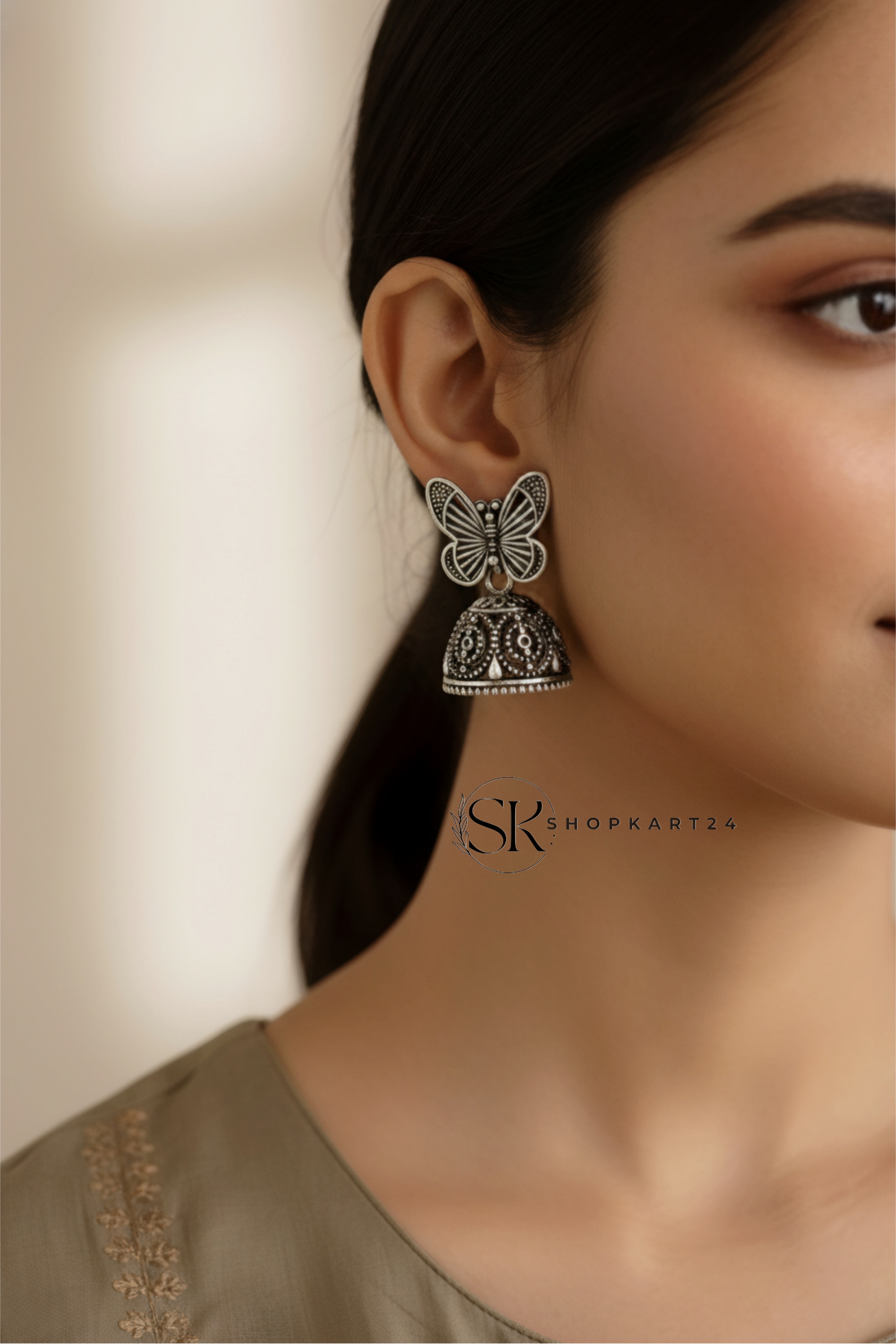Butterfly Design Oxidised Silver Jhumki Earrings for Women