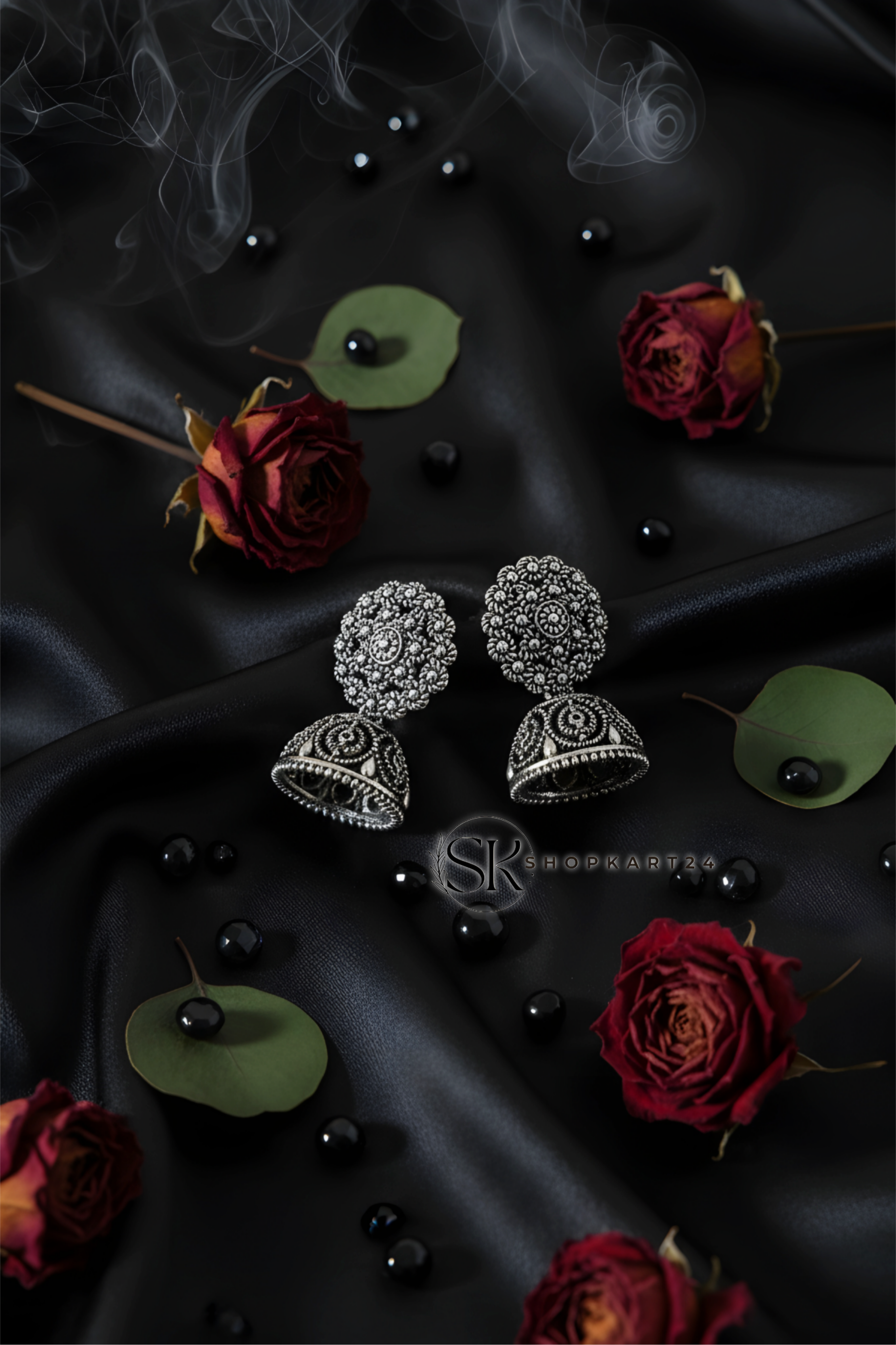 Floral Design Oxidised Silver Jhumki Earrings for Women