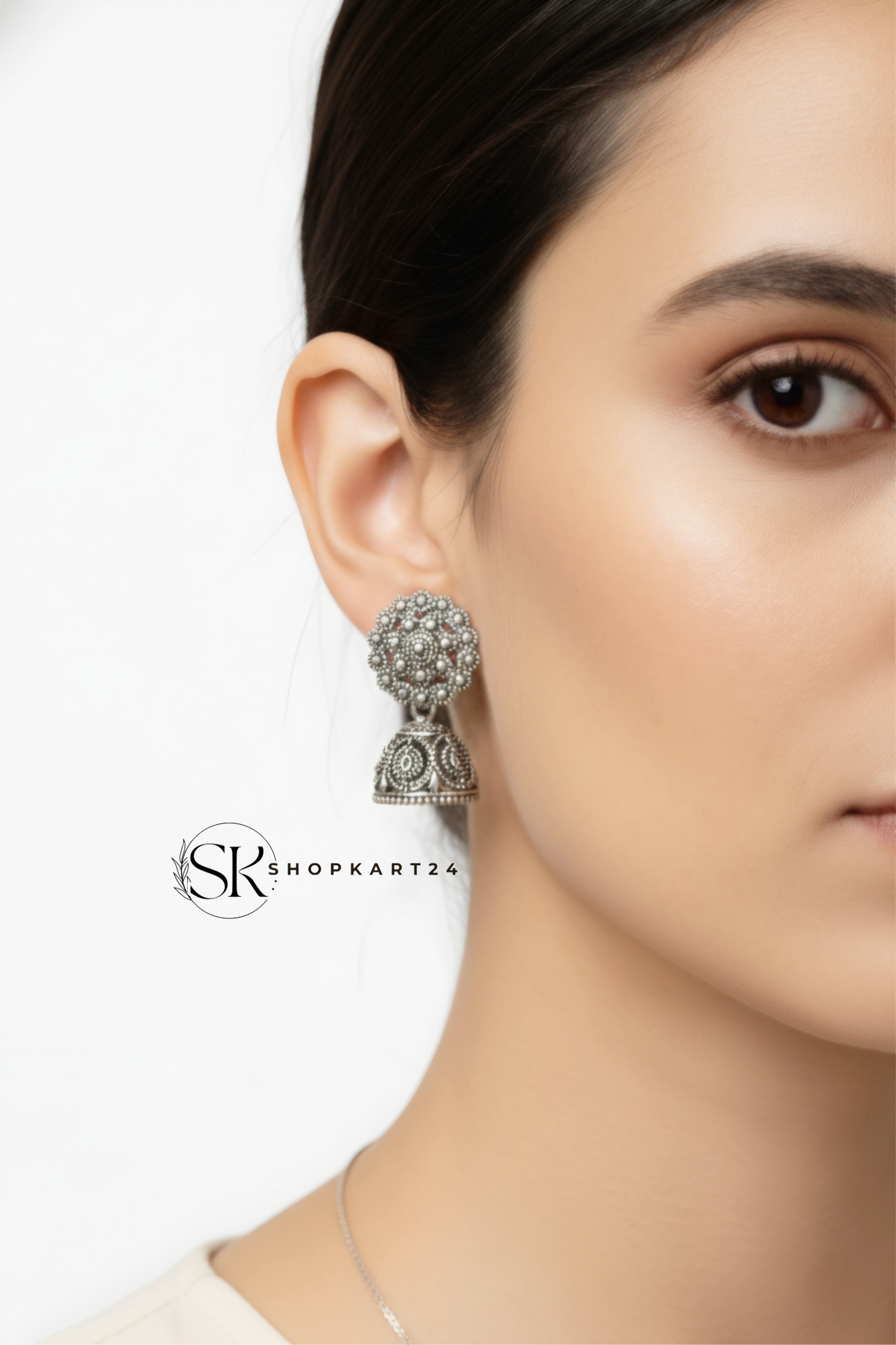 Floral Design Oxidised Silver Jhumki Earrings for Women