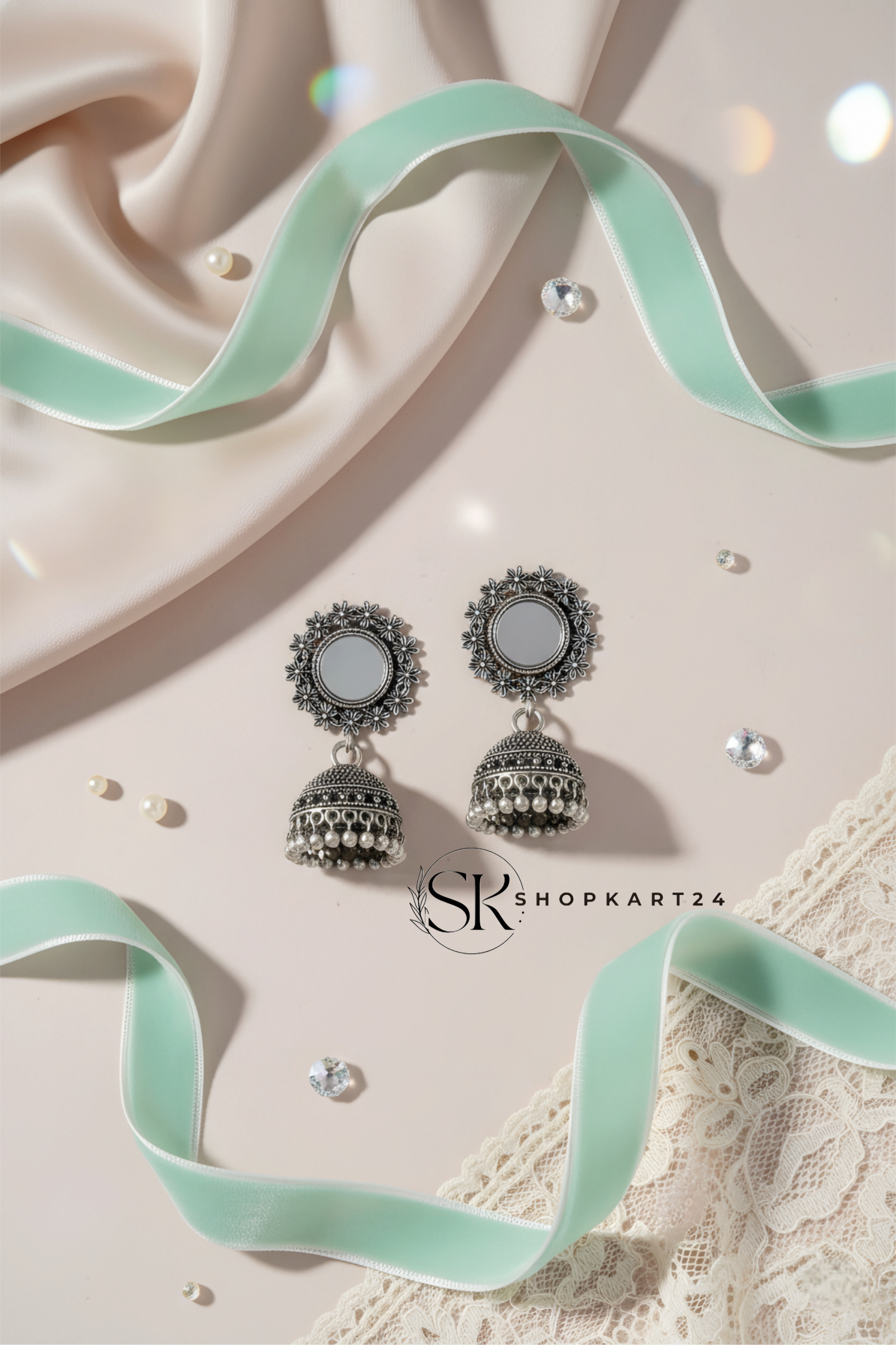 Mirror Work Oxidised Silver Jhumki Earrings for Women
