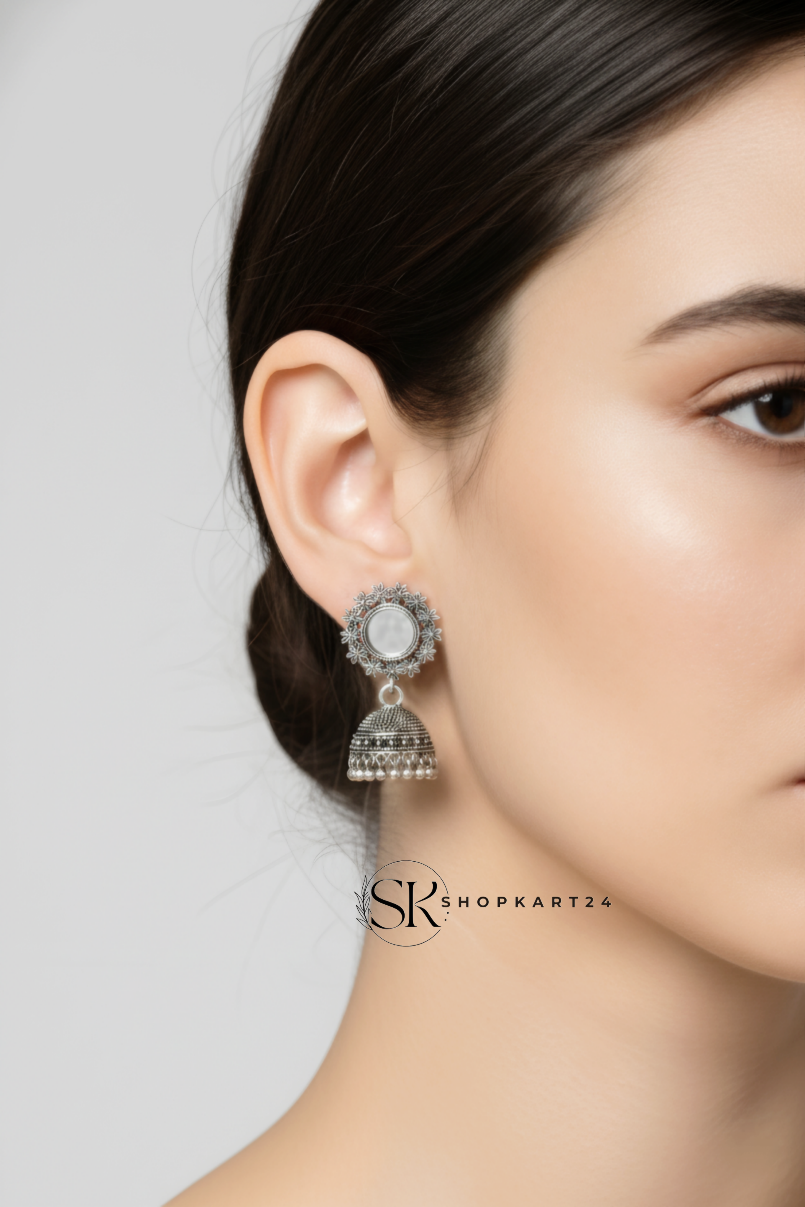 Mirror Work Oxidised Silver Jhumki Earrings for Women