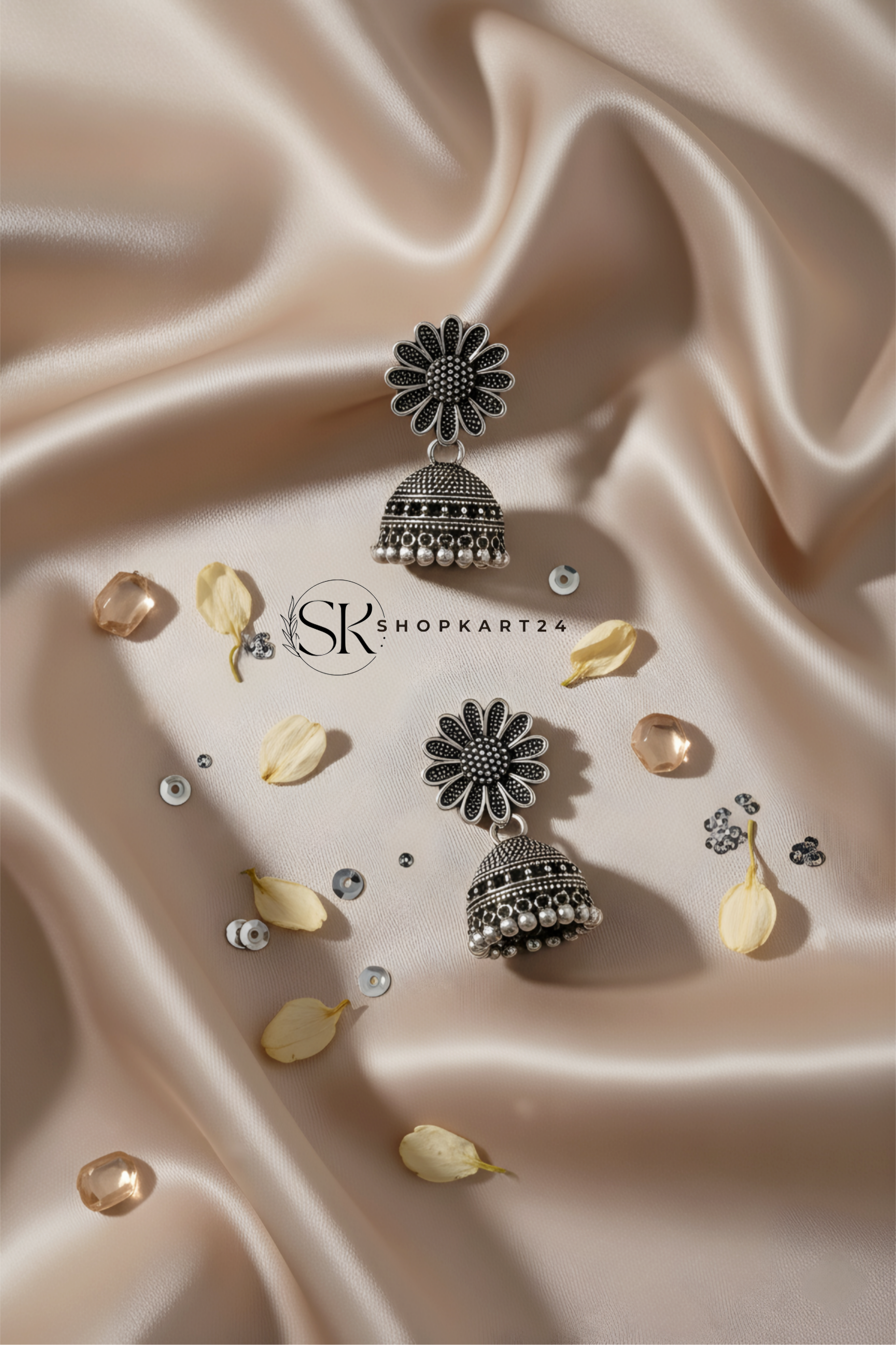 Floral Design Oxidised Silver Jhumki Earrings for Women