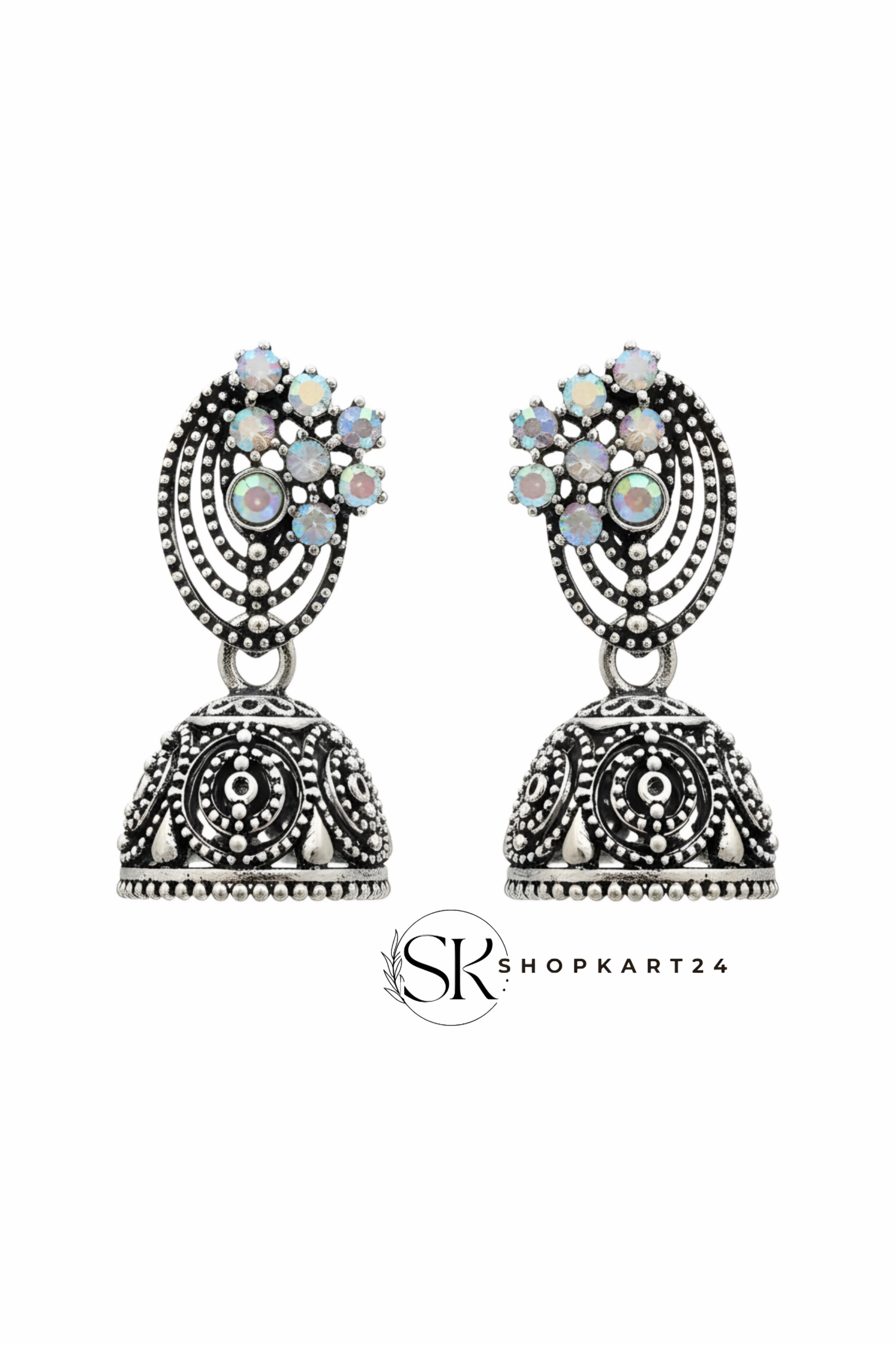 Antique Crystal Touch Oxidised Jhumki