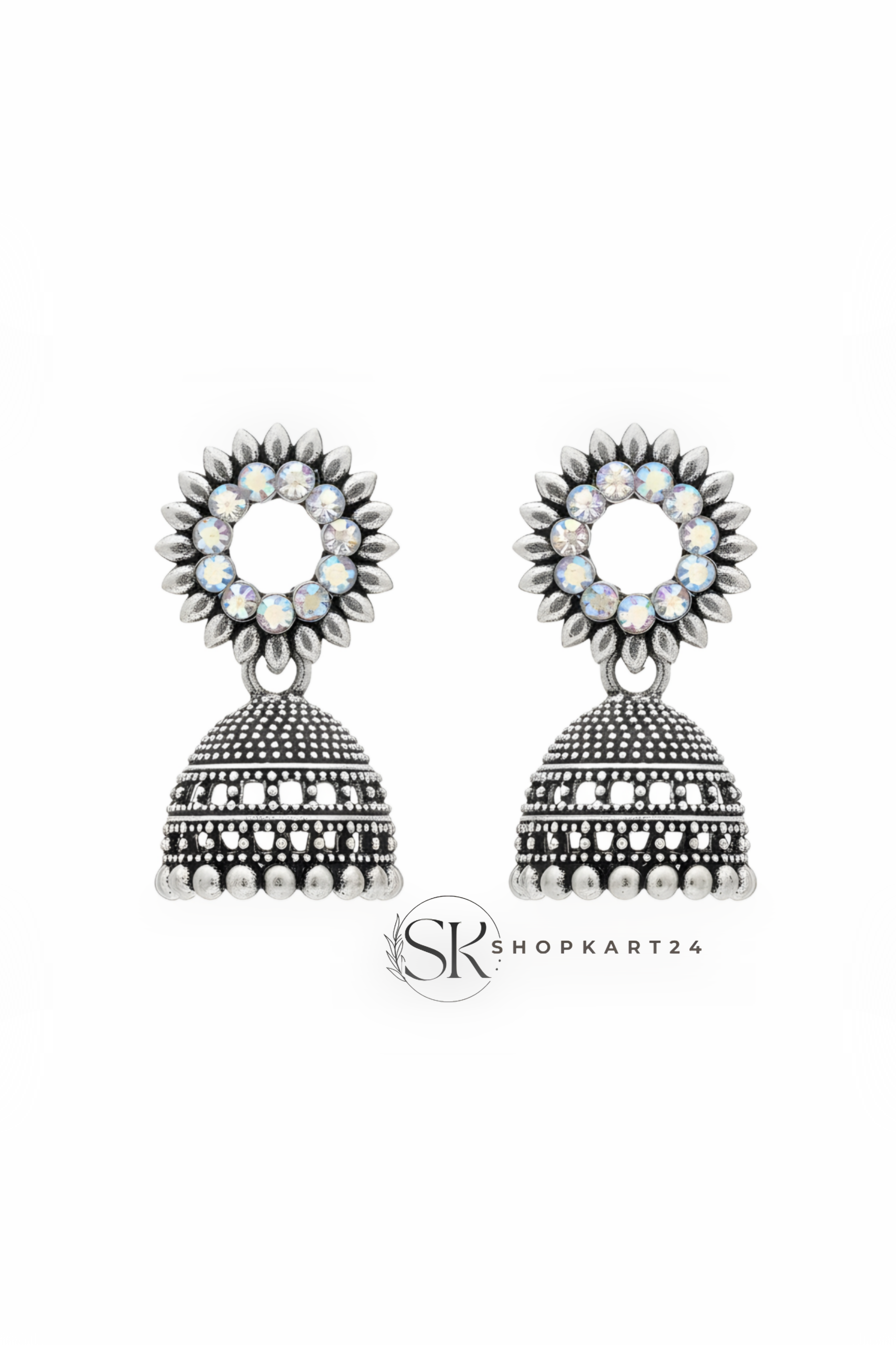 Crystal Stone Oxidised Silver Jhumki Earrings for Women
