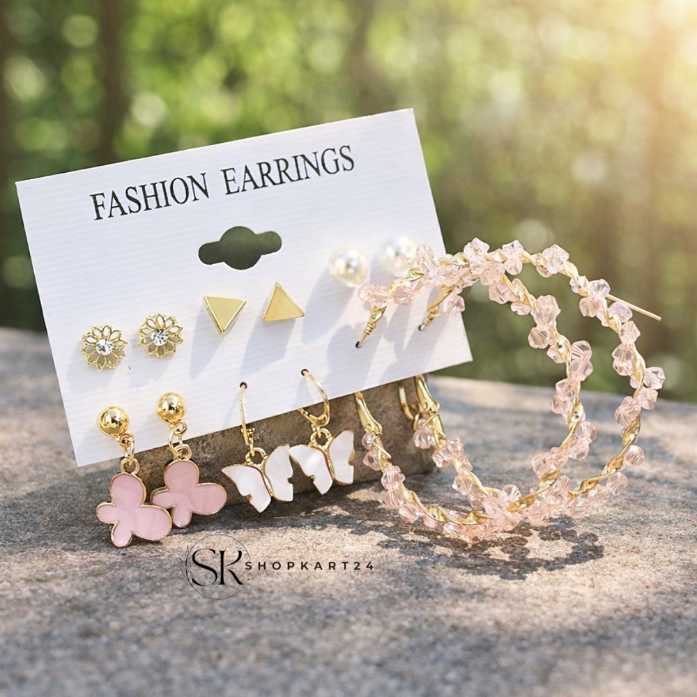Chic Multi-Style Earring Set – 6 Pairs Combo Card