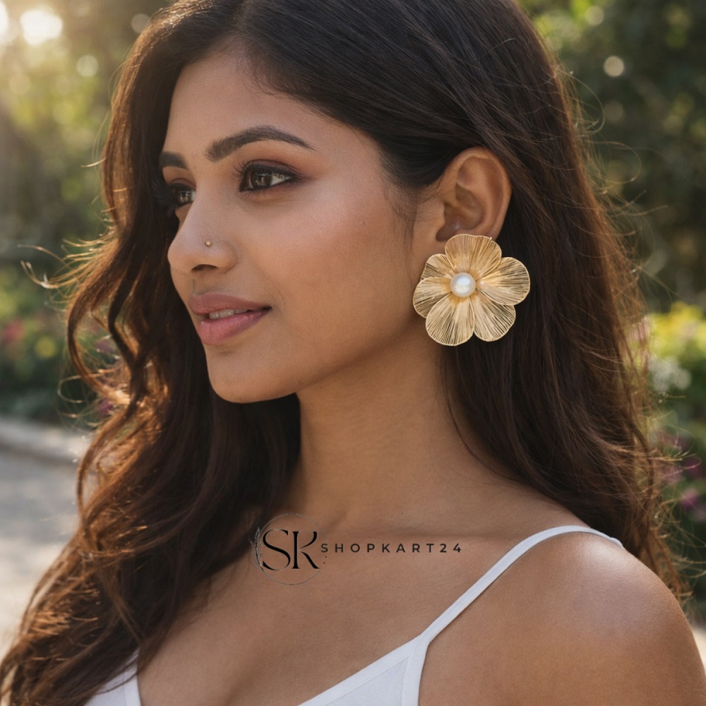 Golden Fashion Pearl Metal Flower Earrings