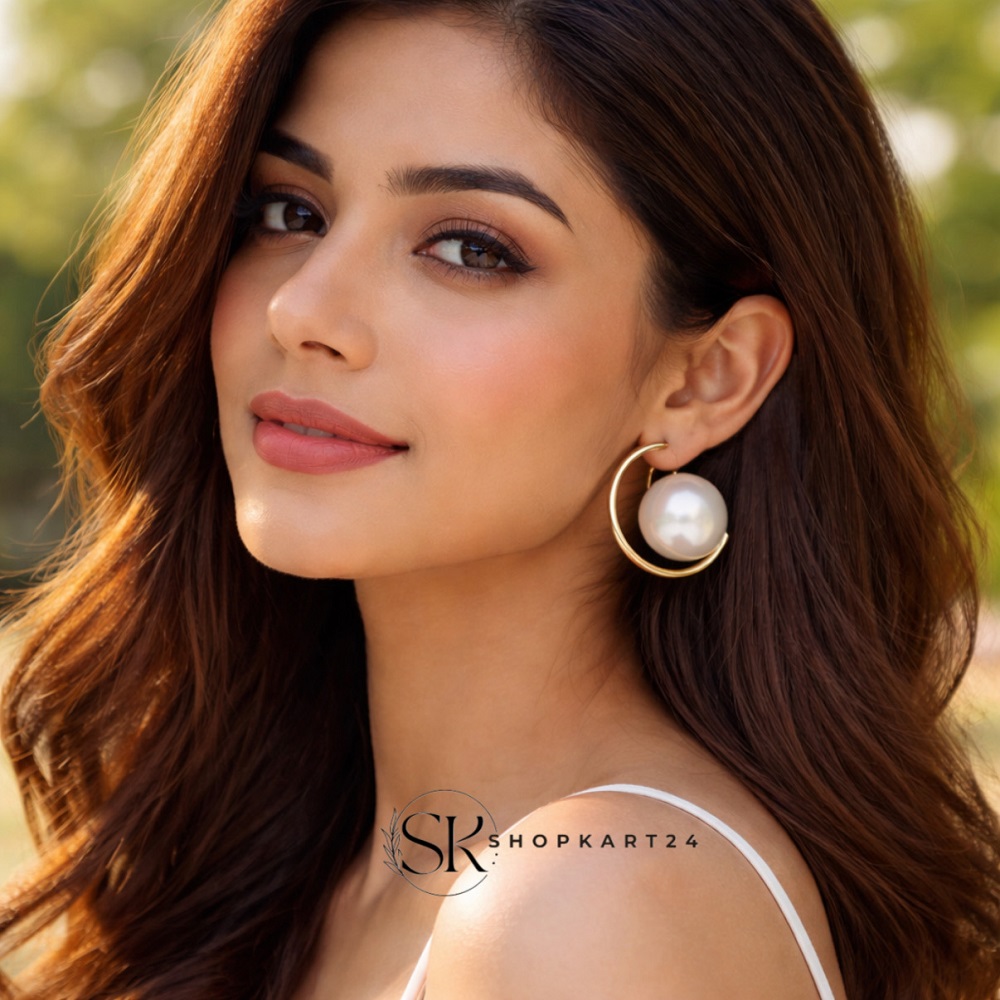 Golden Round Pearl Hoop Earring