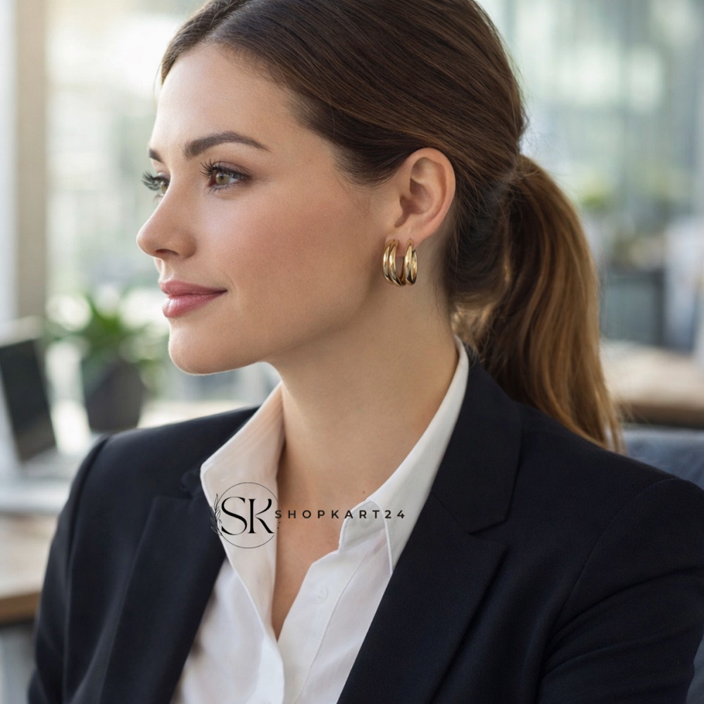 Golden Three Line Geometric Hoop Earring