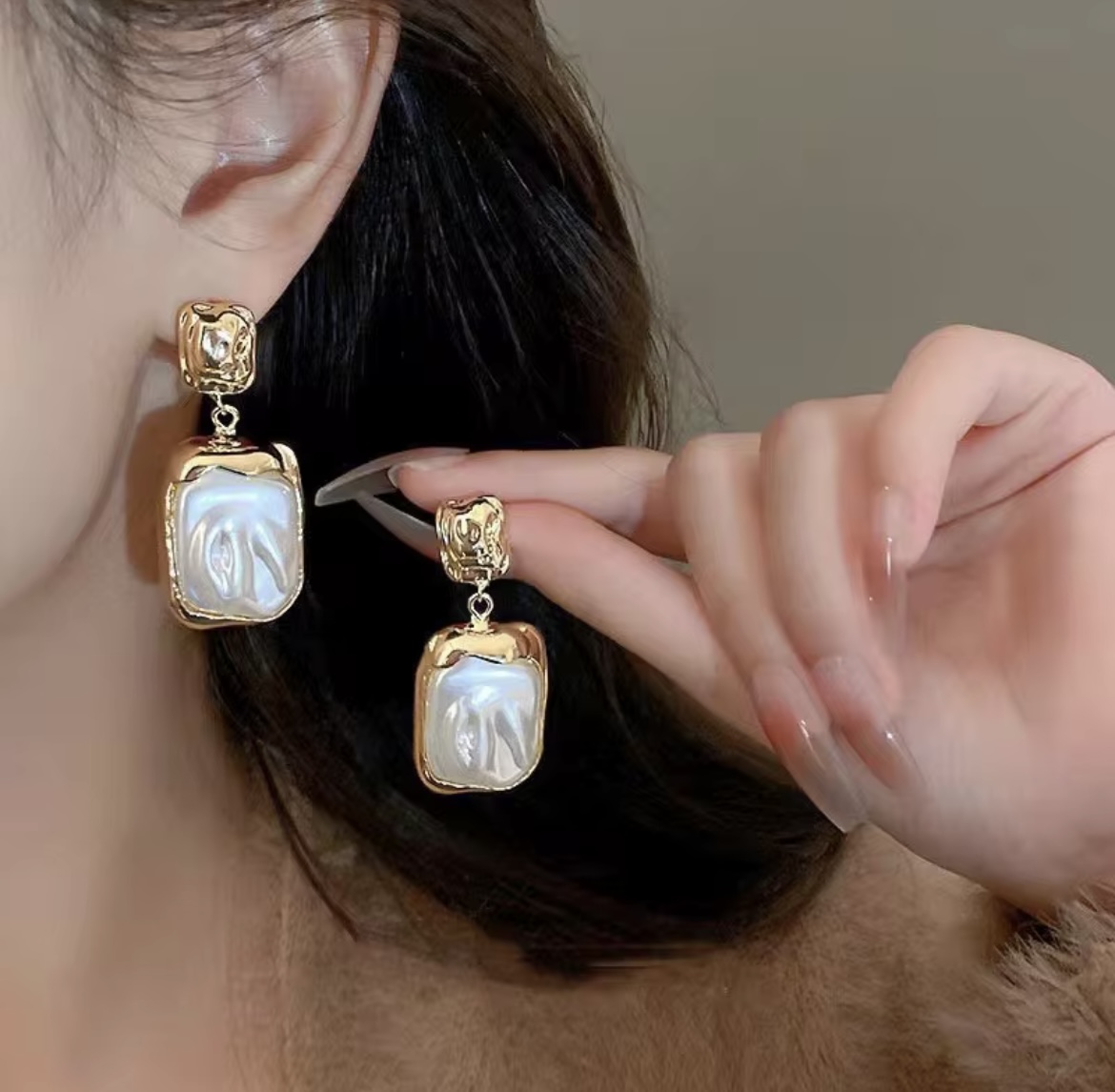 Luna Pearl Korean Drop Earrings – Elegant Gold Tone Statement Earrings for Women