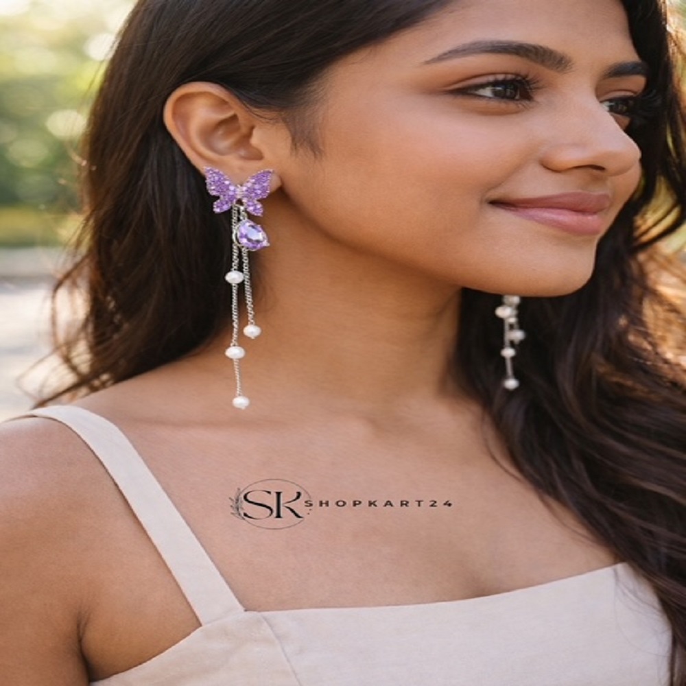 Purple Butterfly Pearl Drop Earring