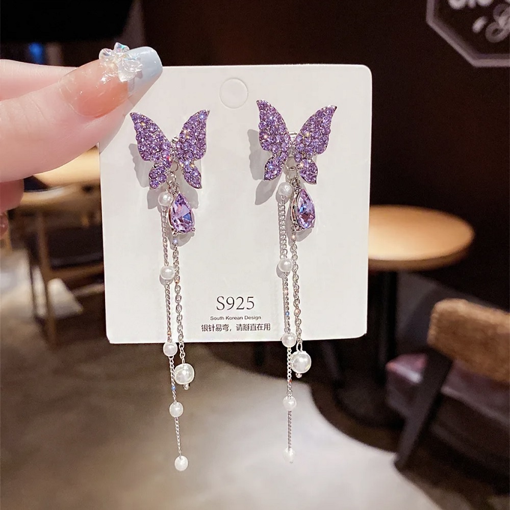 Purple Butterfly Pearl Drop Earring