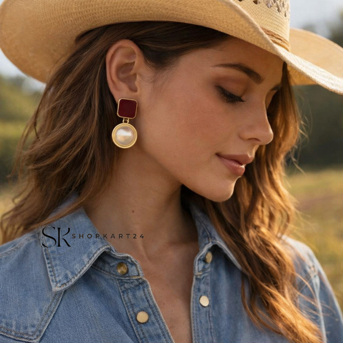 Red Pearl Geometric Pattern Earring