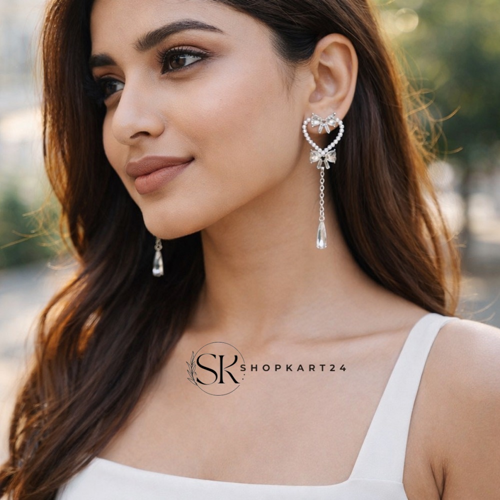 Silver Heart Long Drop Earring