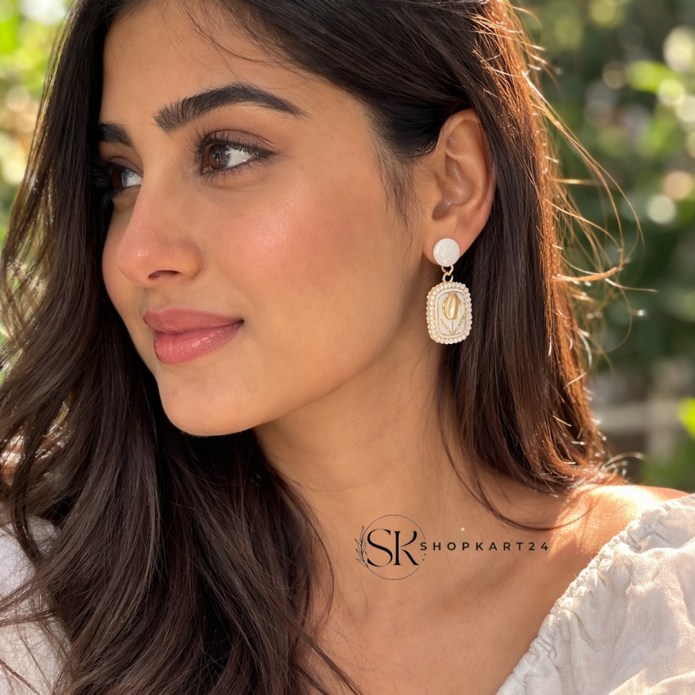 White Square Pearl Flower Stud Korean Earring