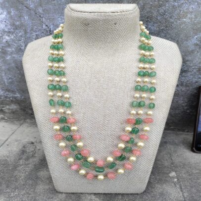 Long Green Pink Polki Stone Necklace