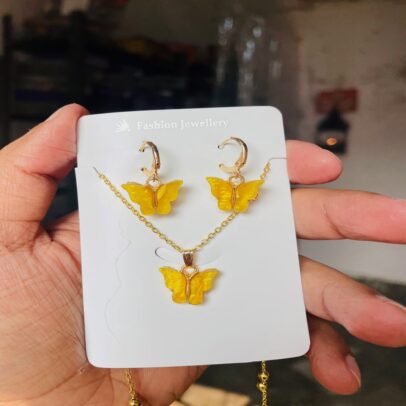 Yellow Butterfly Korean Pendant Set With Paired Earring