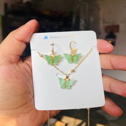 Green Butterfly Korean Pendant Set With Paired Earring