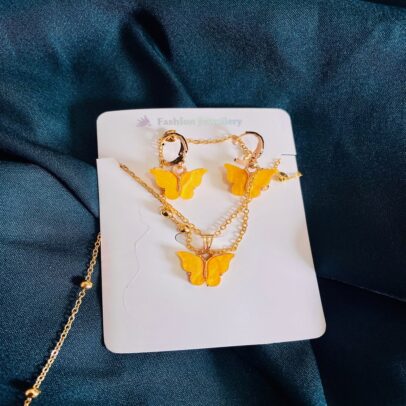 Yellow Butterfly Korean Pendant Set With Paired Earring