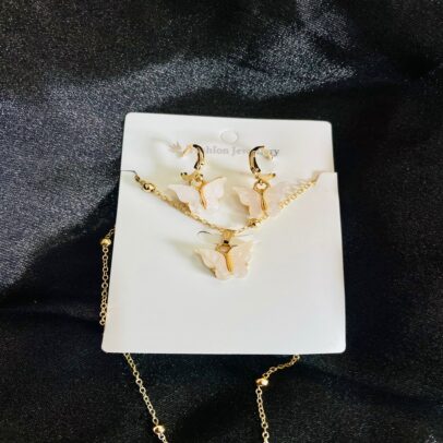 White Butterfly Korean Pendant Set With Paired Earring