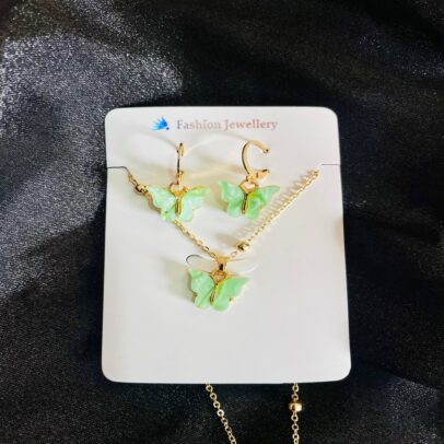 Green Butterfly Korean Pendant Set With Paired Earring