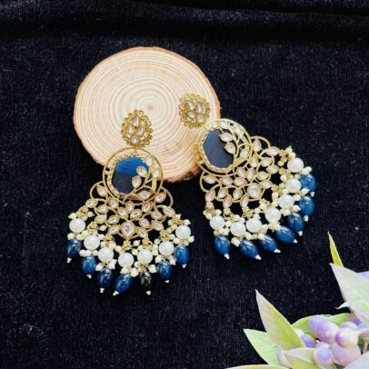 Designer Blue Double Pearl Layer Kundan Earring with Glass Tumble Fitting