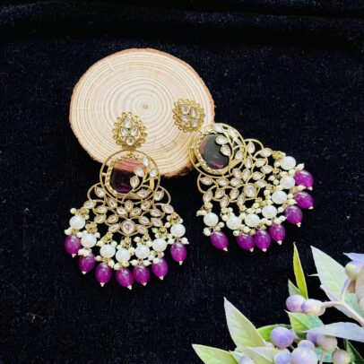 Designer Magenta Double Pearl Layer Kundan Earring with Glass Tumble Fitting