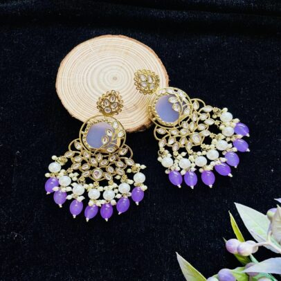 Designer Purple Double Pearl Layer Kundan Earring with Glass Tumble Fitting