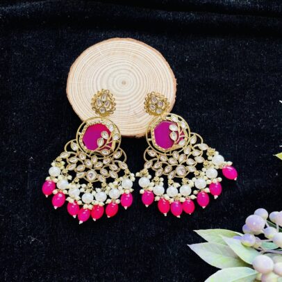 Designer Pink Double Pearl Layer Kundan Earring with Glass Tumble Fitting